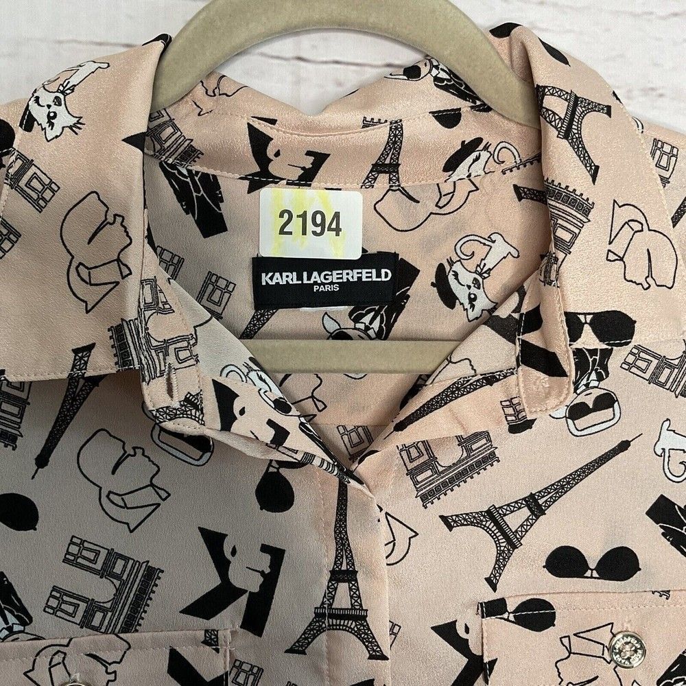 Karl Lagerfeld Cat Paris Eiffel Tower Print Button Up Shirts Blouse Women Size M - Picture 2 of 11